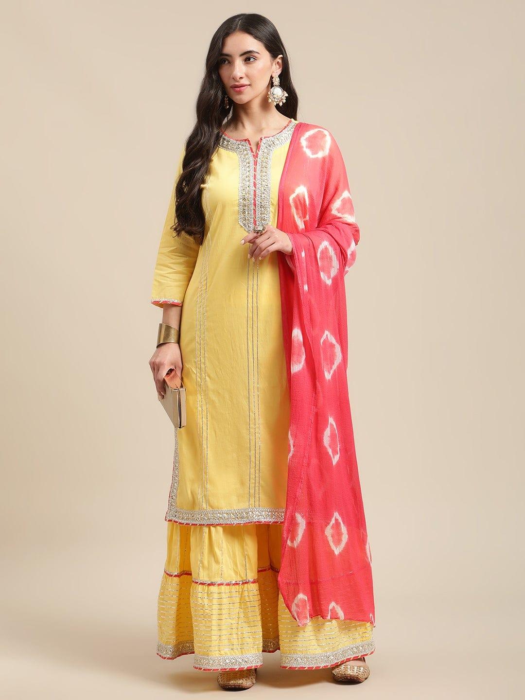 Yellow Heavy Gota Lace Embellished Kurta Sharara Set With Shibhori Dupatta - Indiakreations