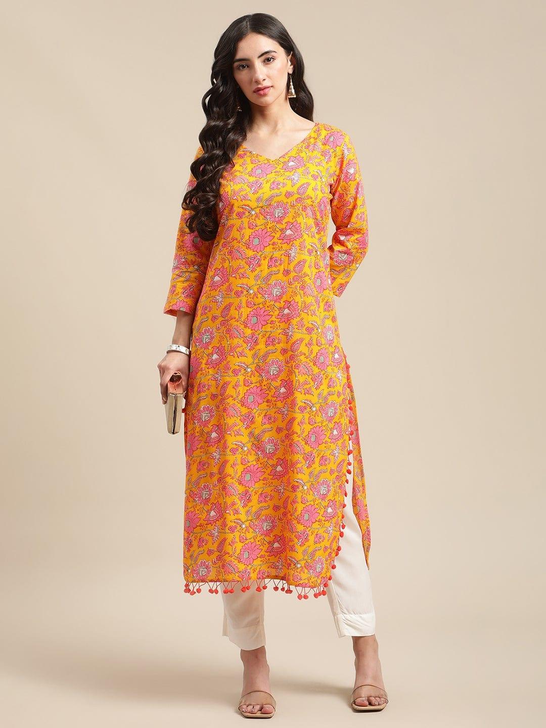 Mustard Floral Printed Kurta With Pom Pom Lace Embellishments On Hemlines - Indiakreations