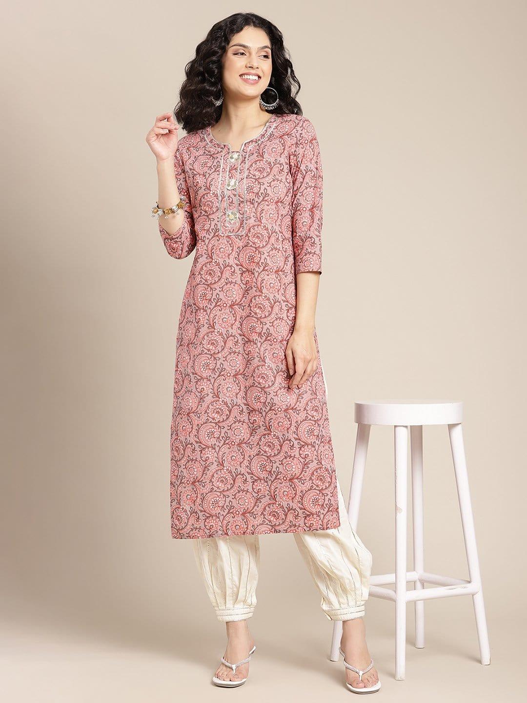 Peach And Grey Floral Printed Kurta With Round Neckline And Having Gota Work - Indiakreations