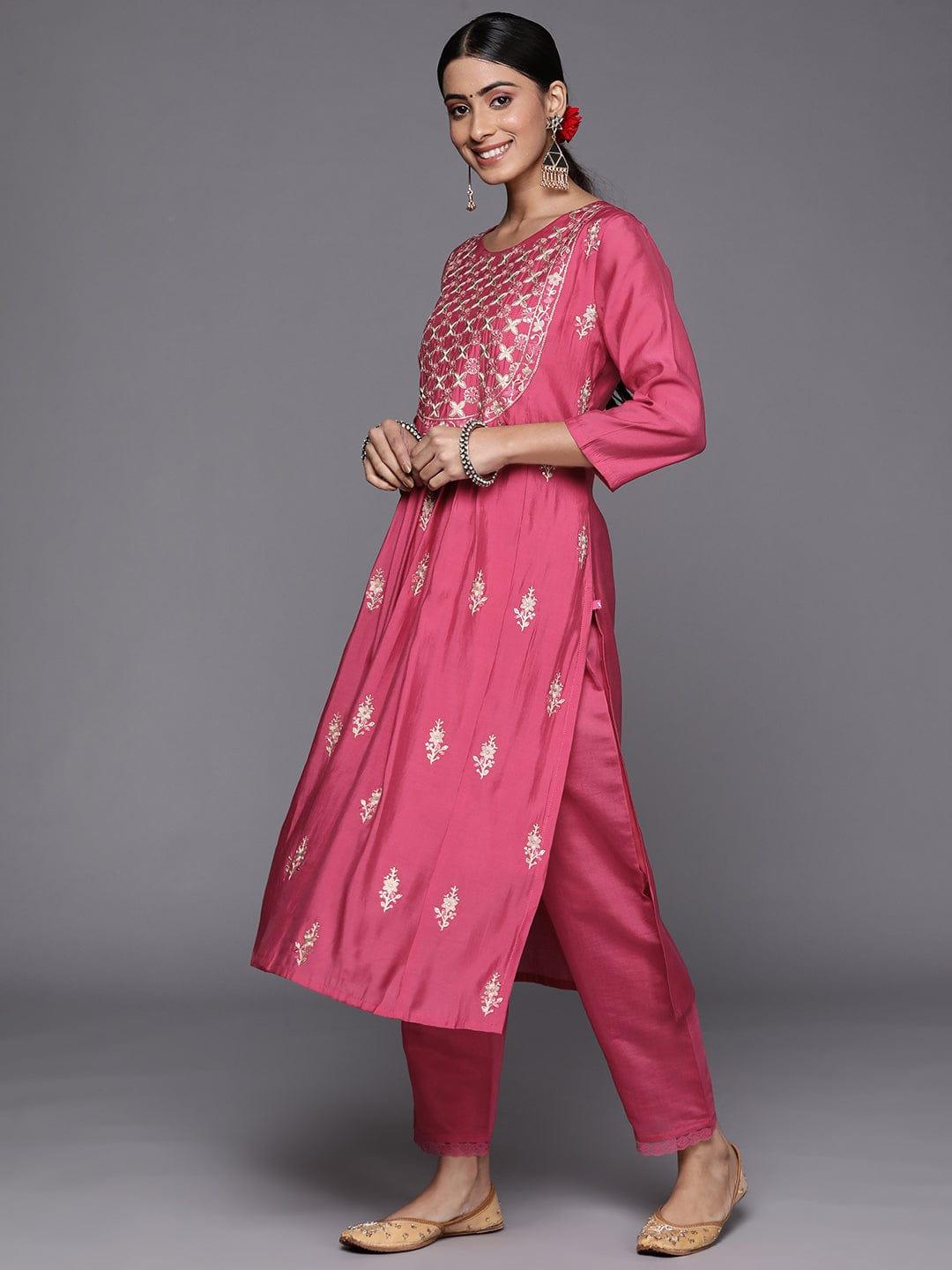 Varanga Women Pink Ethnic Motifs Embroidered Thread Work Kurta with Trousers & With Dupatta - Indiakreations