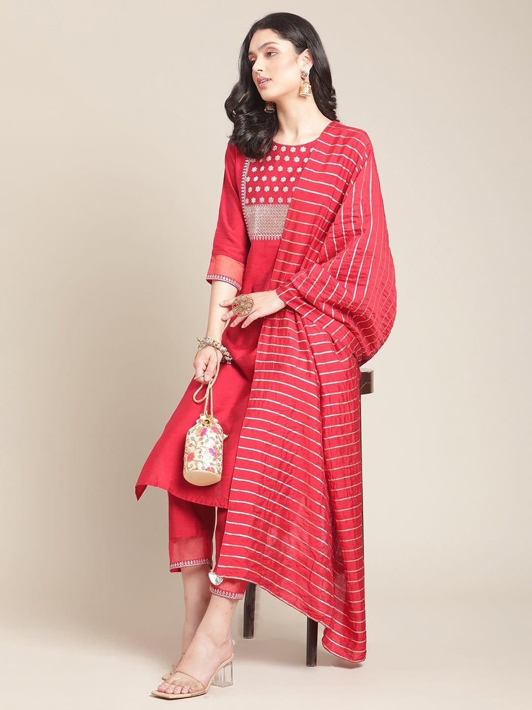 Red Sequins Embroidery Kurta Set With Red And Golden Silk Dupatta - Indiakreations