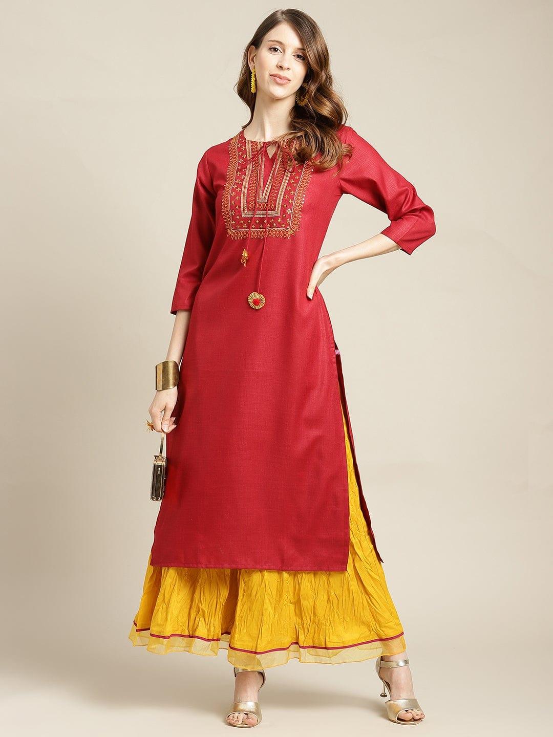 KSUT Maroon Ethnic Motifs Embroidered Layered Pure Cotton Kurti with Sharara & With Dupatta - Indiakreations