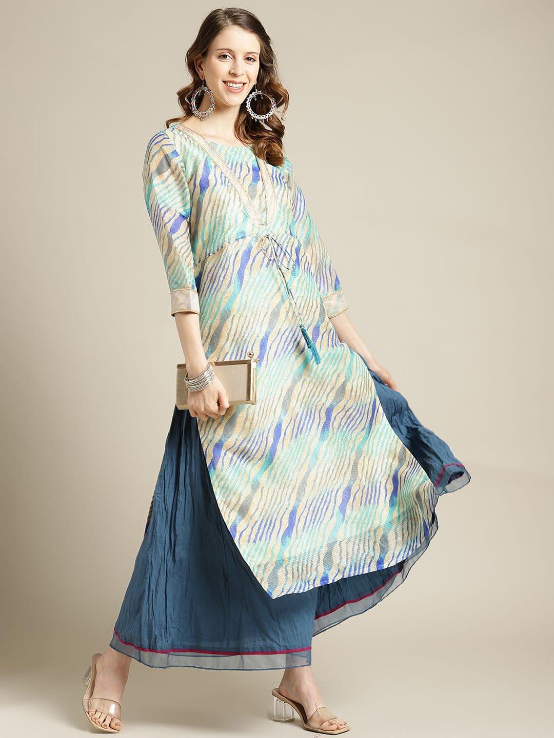 Teal And Beige Leheriya gota embellished Kurta with teal crushed organza palazzo - Indiakreations