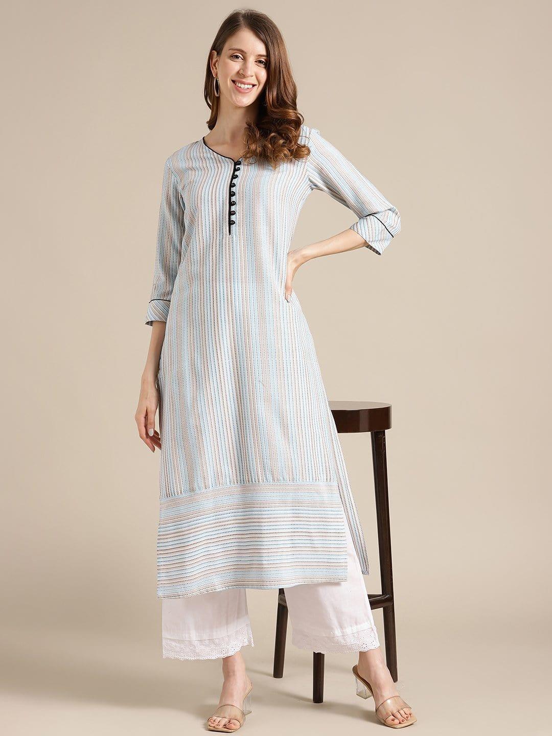 KSUT Blue And Off White Stripe Woven Kurta With Cord Pipen Detailing On Yoke And Sleeves - Indiakreations