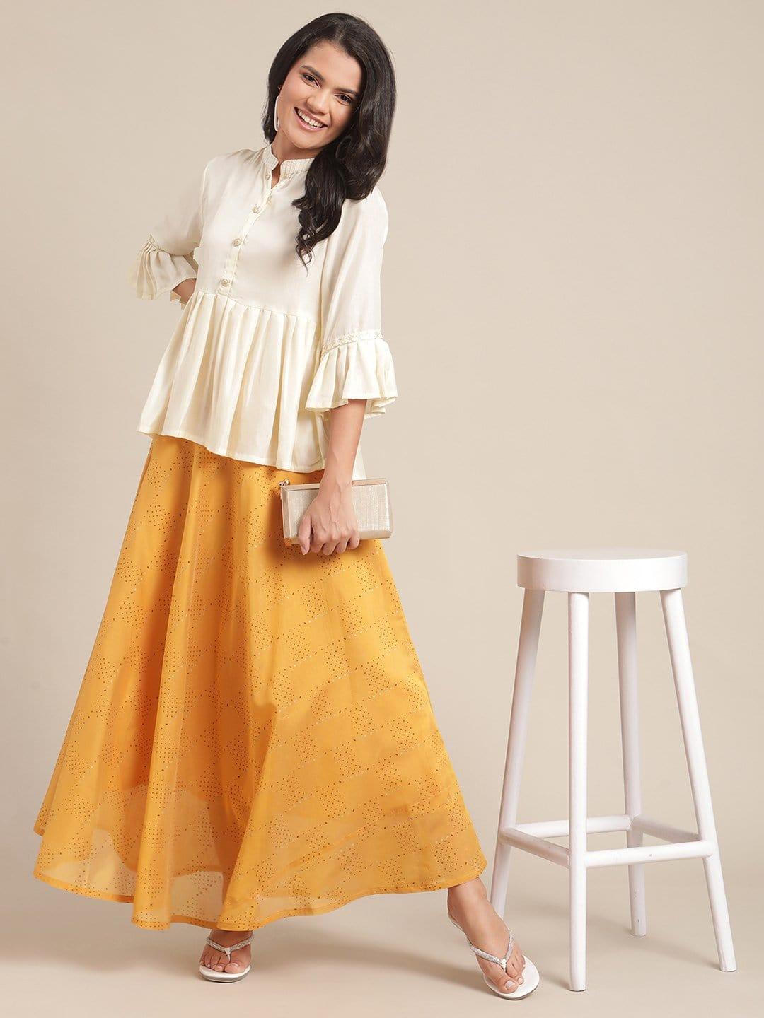 Cream Embellished Peplum Top With Mustard Printed Flared Skirt - Indiakreations