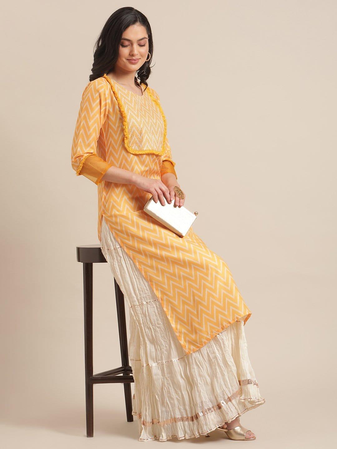 Yellow And White Digital Printed Straight Kurta With Zari Highlighted Yoke And 3/4Th Sleeves - Indiakreations