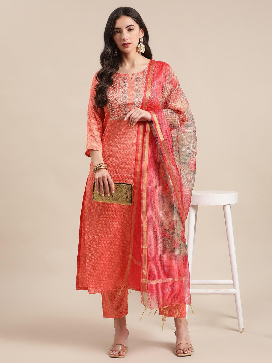 Coral Gota Patti Embroidery Kurta Trouser Set With Floral Printed Dupatta - Indiakreations