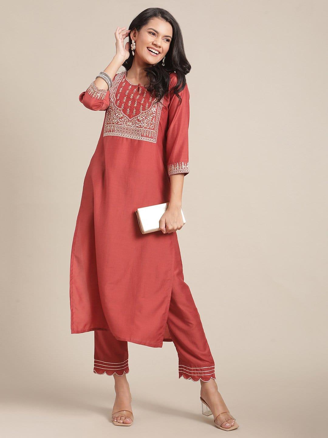 Rust Color Round Neckline Embroidred Straight Kurta With Emroidered Bottom - Indiakreations