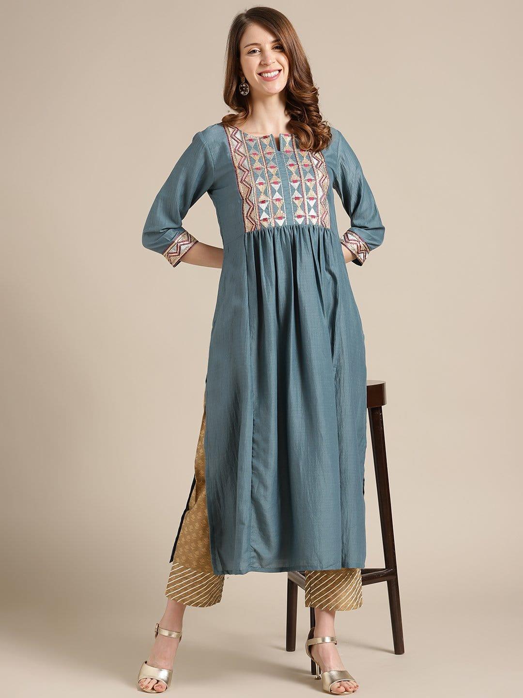 Teal Flared Round Neck Kurta With Embroidery And Gotta Patti - Indiakreations