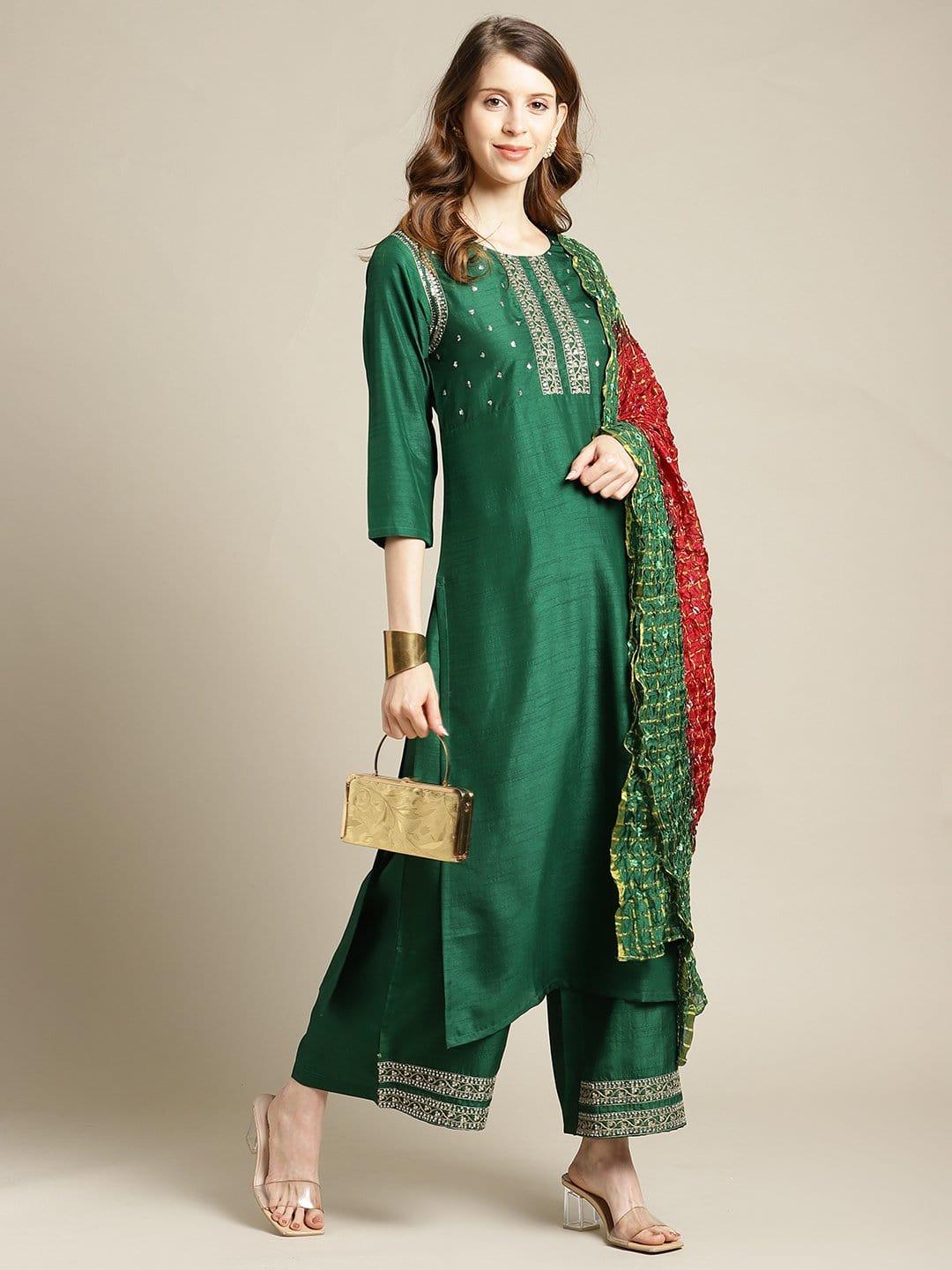 Bottle Green Sequins Work Embellished Kurta Palazzo Set With Maroon And Green Bandhej Dupatta - Indiakreations