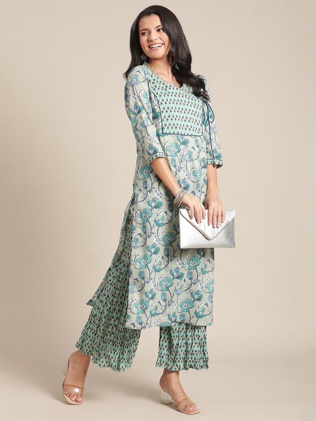 Floral Printed Angrakha Neckline Kurta Paired With Printed Gathered Palazzo - Indiakreations