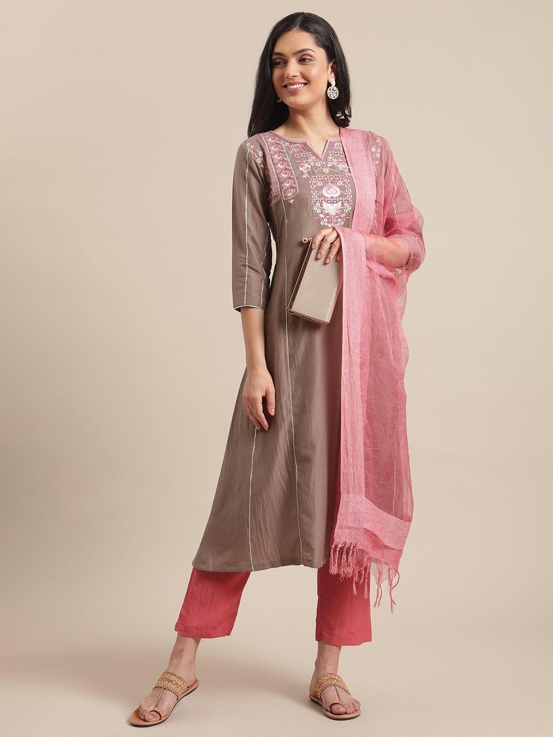 Beige And Pink Colour Thread Embroidred Flared Kurta With Straight Pant And Regular Sleeves And Paired With Contrast Dupatta - Indiakreations