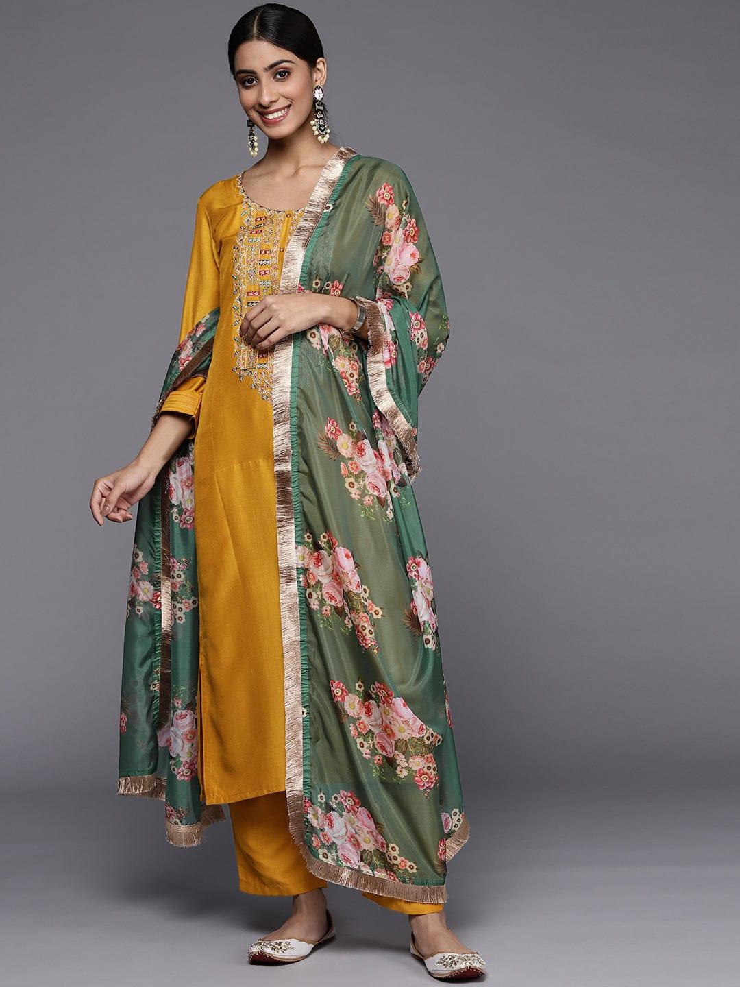 Varanga Women Mustard Yellow Ethnic Motifs Embroidered Kurta with Trousers & Dupatta - Indiakreations