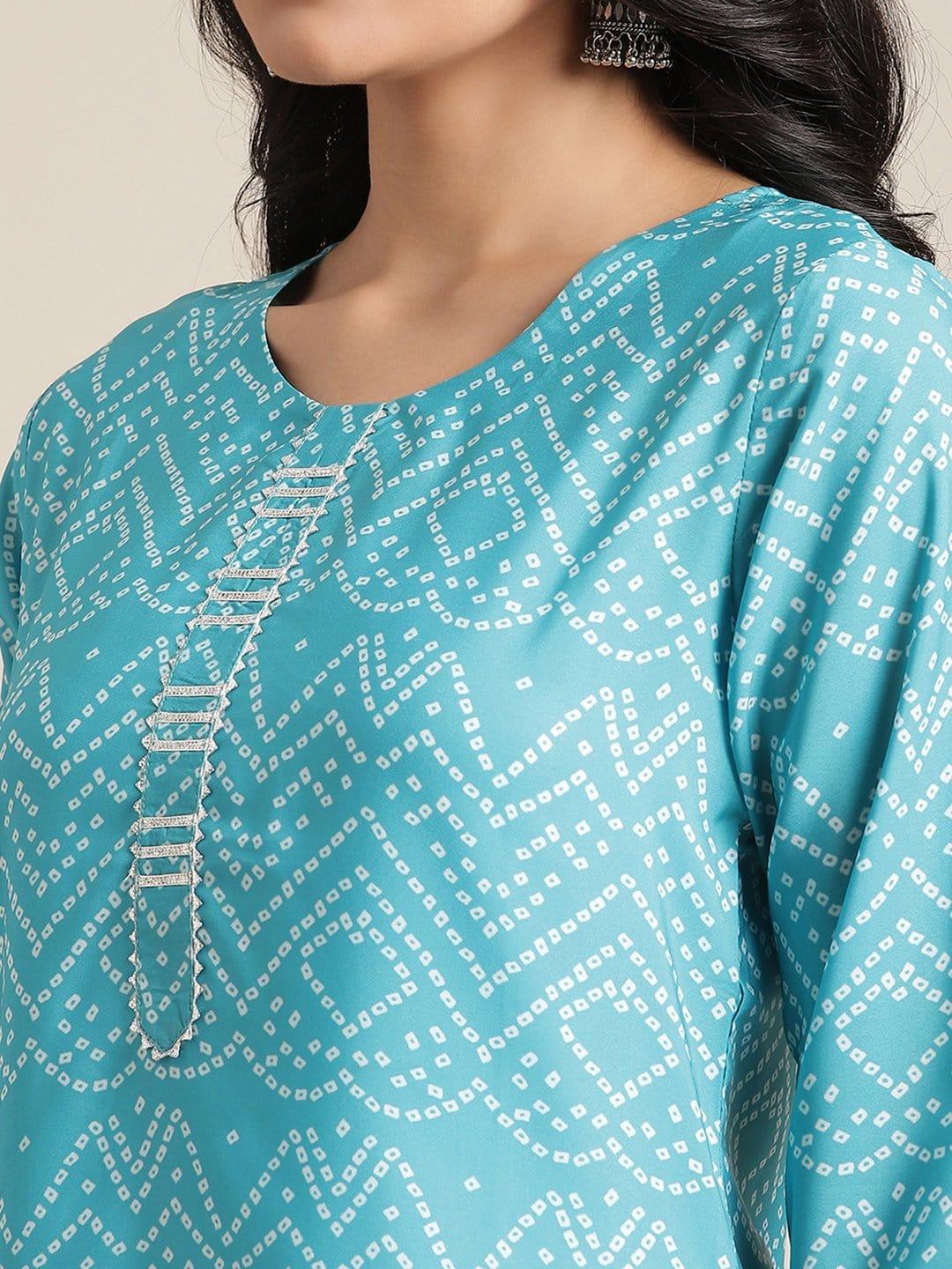 Turquoise Blue Bandhani Printed Kurta With Gota Embellished Yoke And Sleeves - Indiakreations