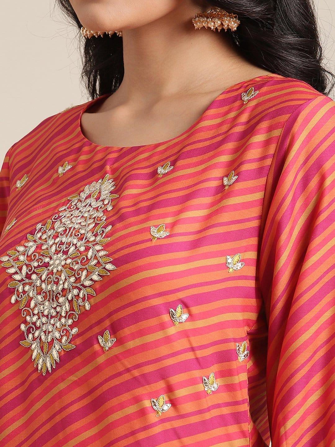 KSUT Ksut Orange Leheriya Kurta With Gota Patti,Zari And Silk Threads Embroidery On Yoke - Indiakreations