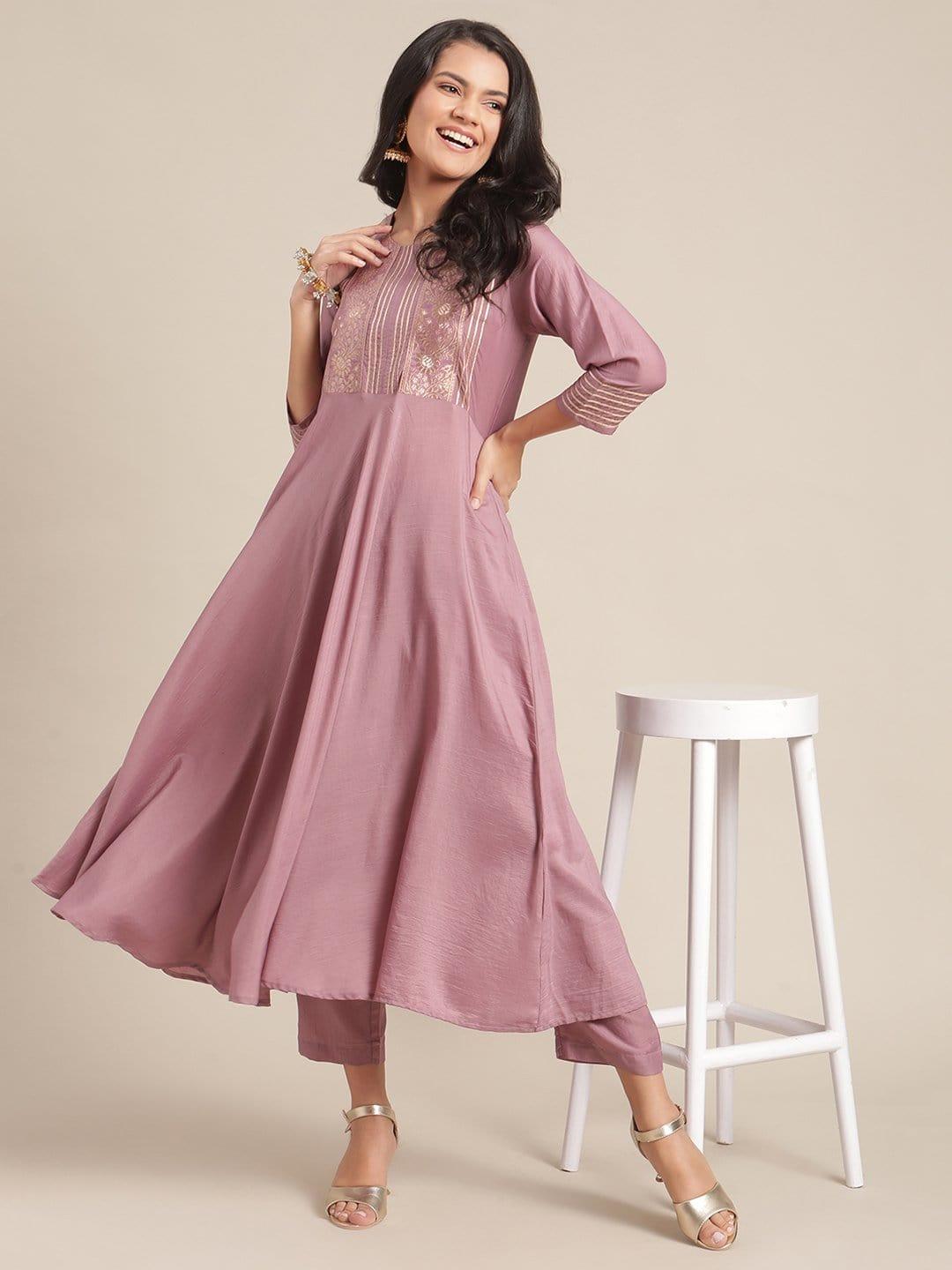 Mauve Flared Anarkali Kurta And Embellished With Brocade And Gota Patch And Paired With Trouser - Indiakreations