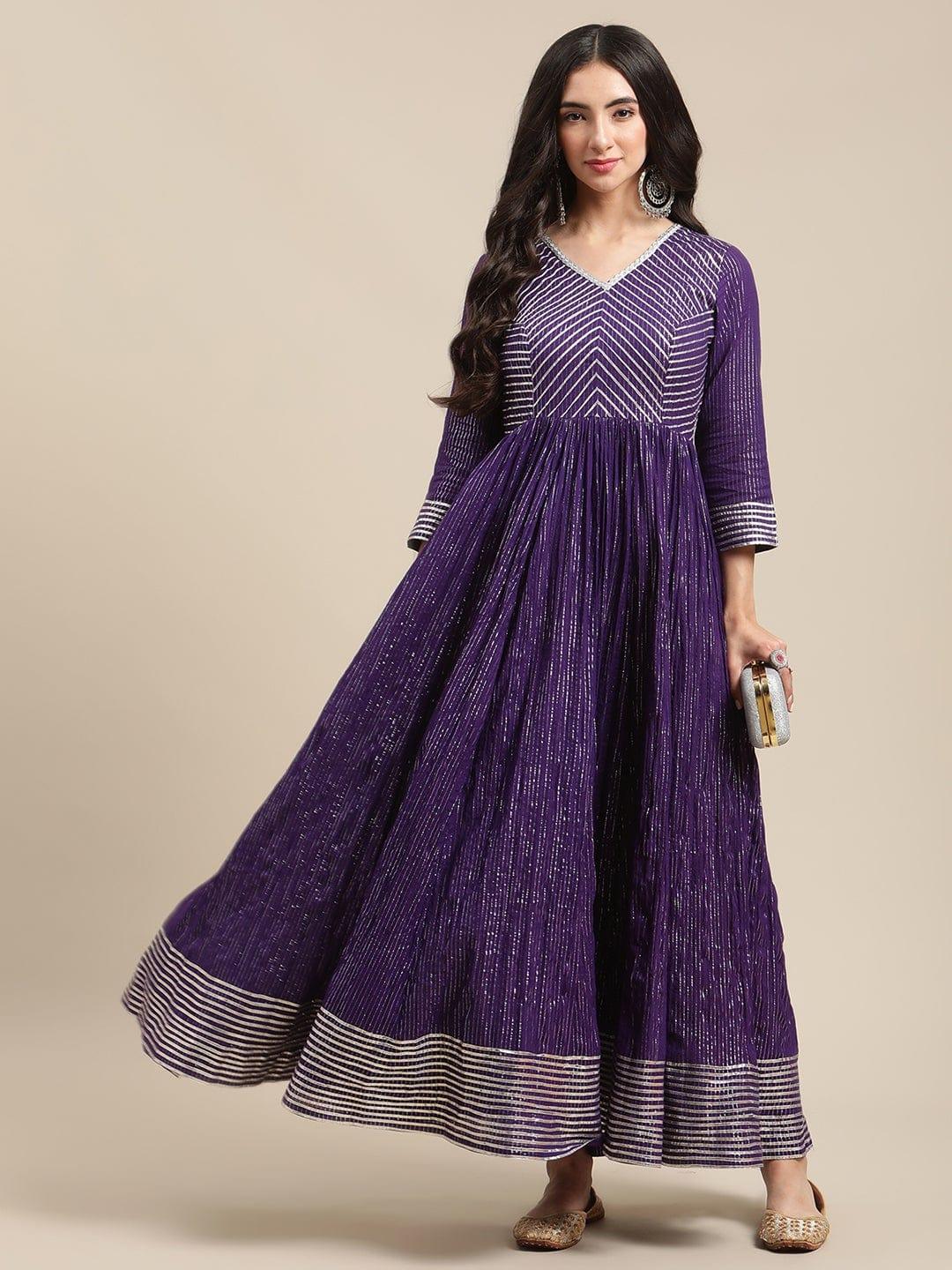 Purple Silver Lurex Anarkali With Heavy Gota Embellishment On Yoke And Hemline - Indiakreations