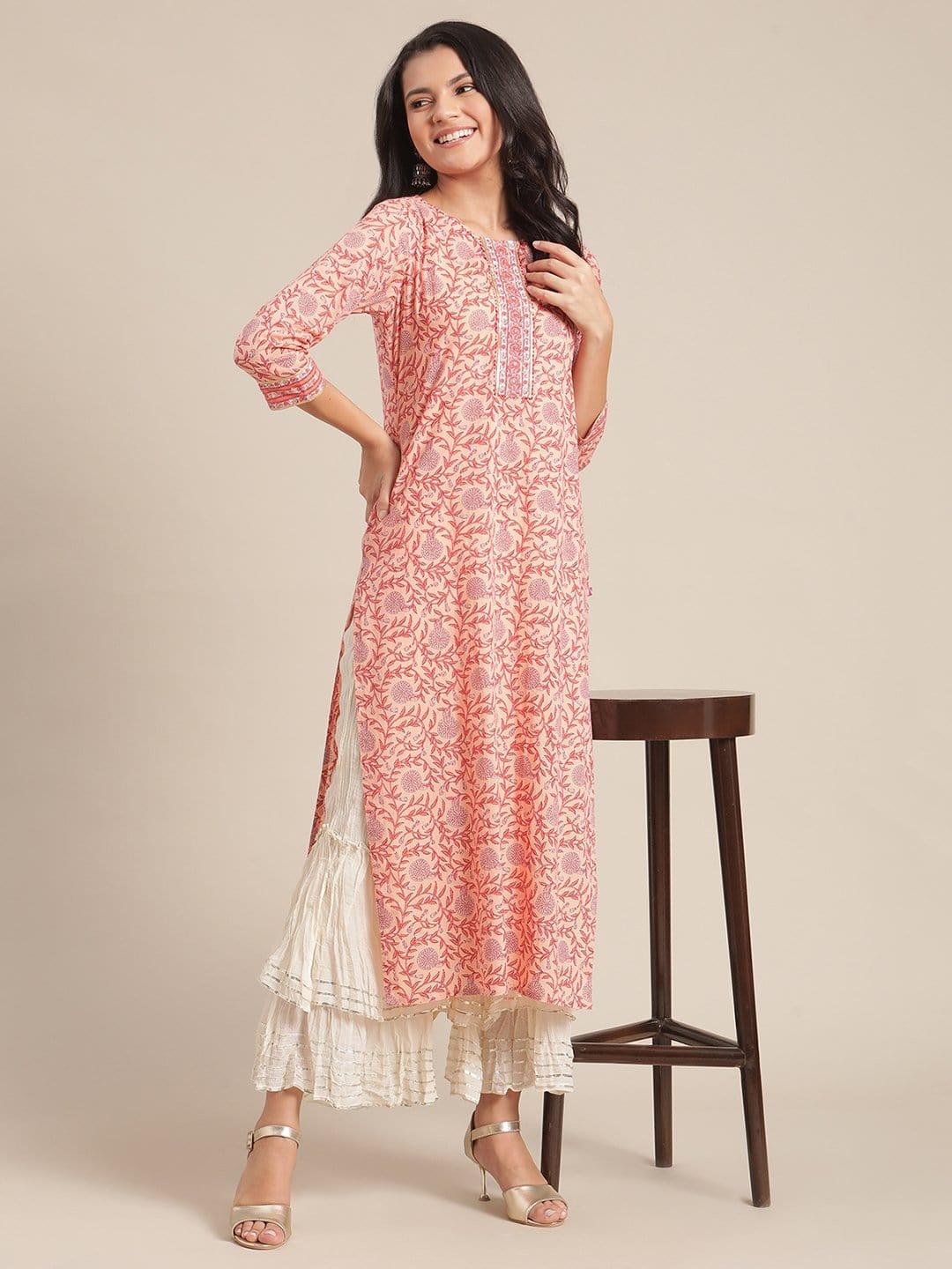 Peach floral cotton printed kurta with handwork detailing on the yoke - Indiakreations