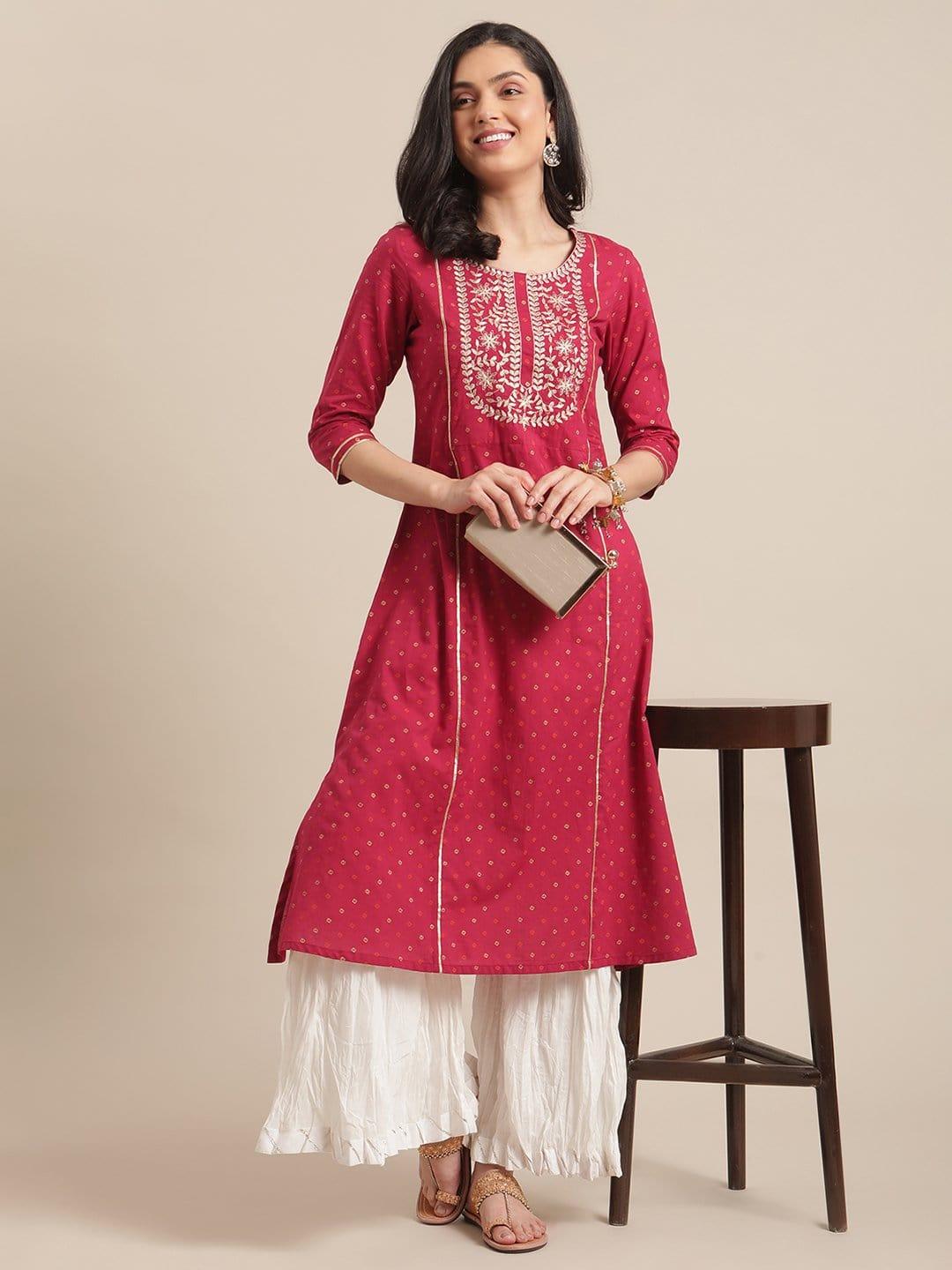 Magenta Zari Embroidery A Line Kurta With Off White Crushed Gota Palazzo - Indiakreations