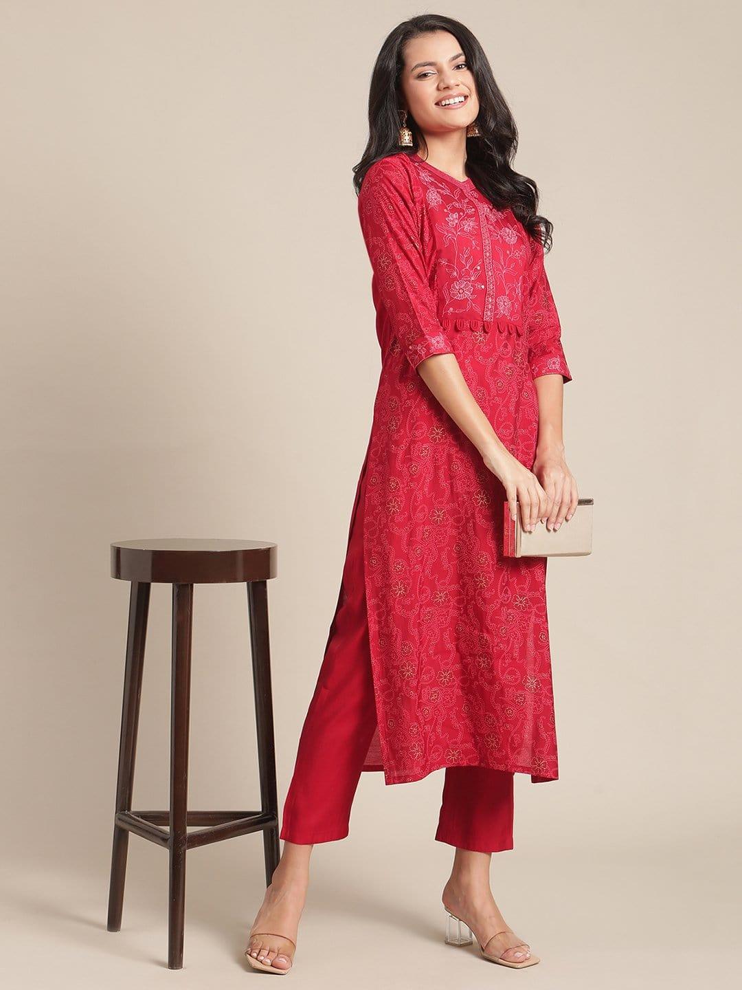 Red Printed Kurta Trouser Set With Thread Embroidery On Yoke - Indiakreations