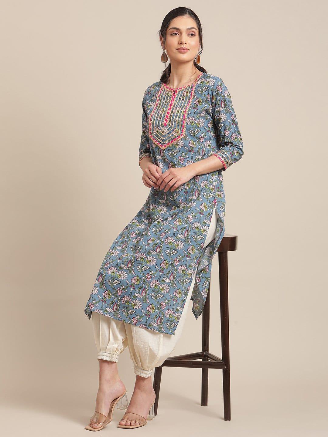 Blue And Green Floral Printed Gota Work Straight Kurta With 3/4Th Sleeves - Indiakreations