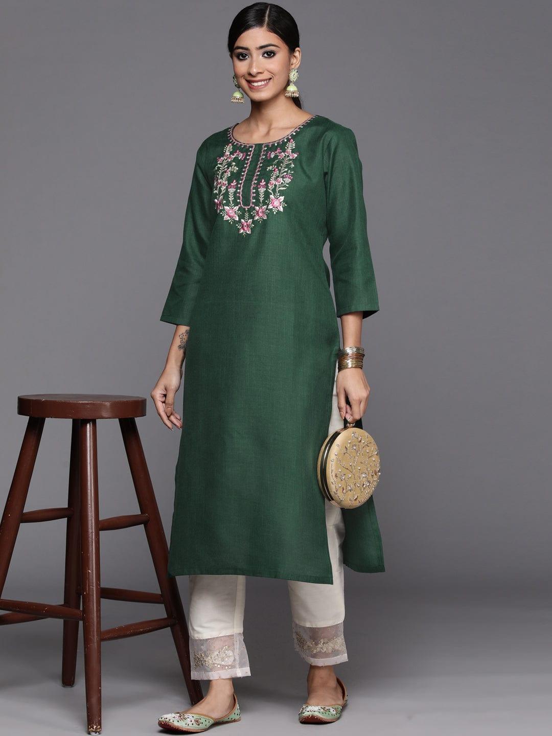 Varanga Women Green Floral Yoke Design Thread Work Floral Cotton Kurta - Indiakreations