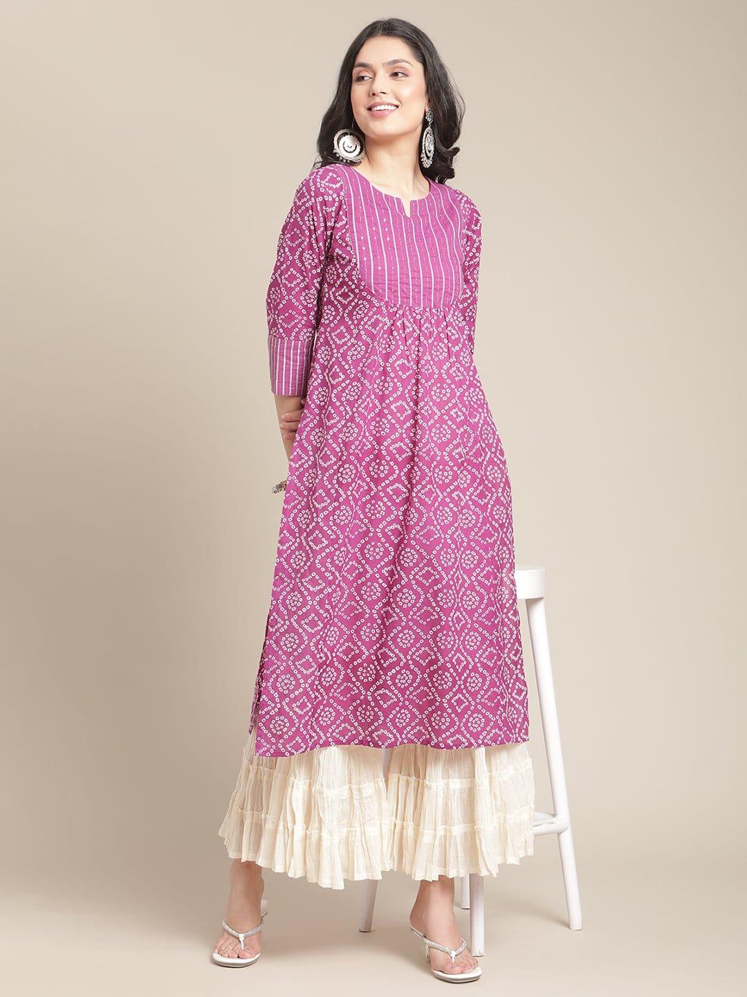 Mauve And Off White Bandhej Printed Kurta With Sequins And Gota Work Embellishment On Yoke - Indiakreations