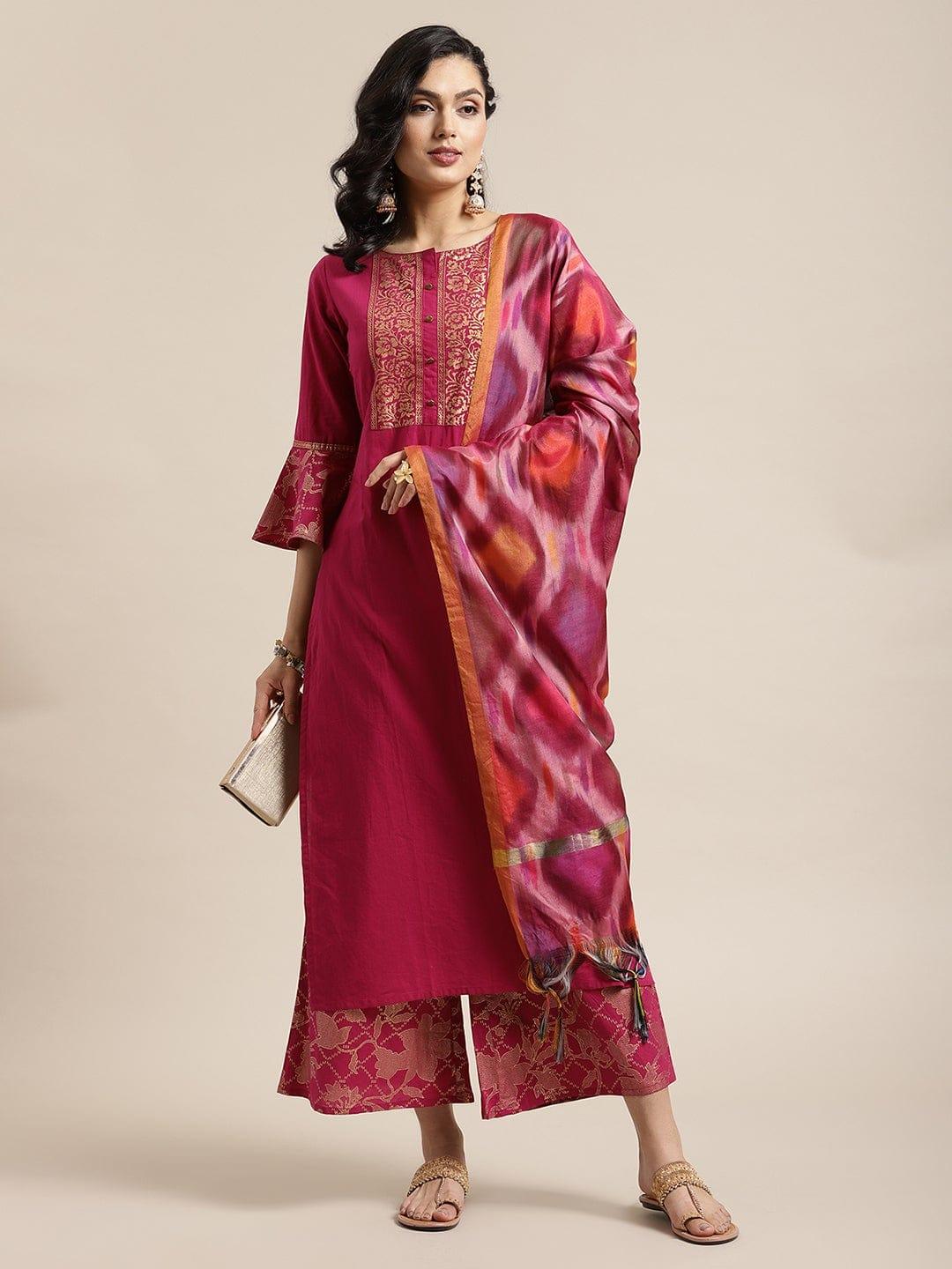 KSUT Magenta Ethnic Motifs Yoke Design Layered Pure Cotton Kurta with Palazzos & With Dupatta - Indiakreations