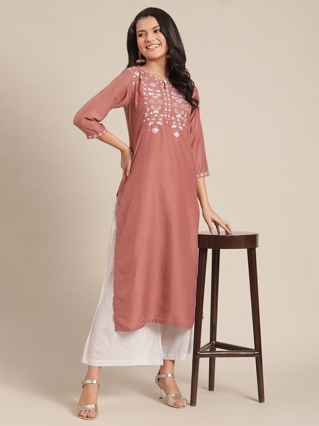 Coral Embroidred Straight Kurta With Round Neckline And Regular Sleeve - Indiakreations