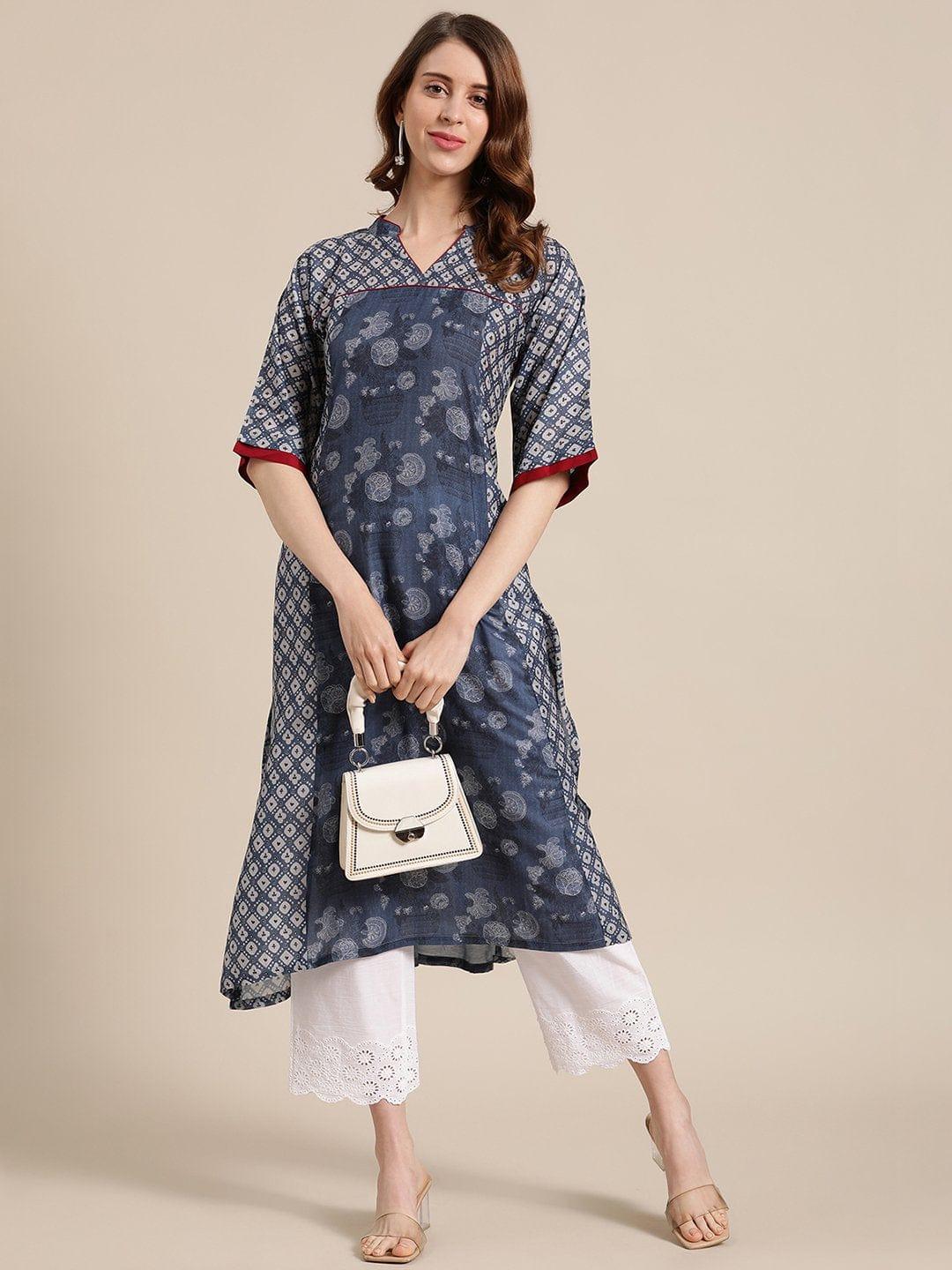 Indigo And Beige printed panelled kurta with scalloped shifflie palazzo - Indiakreations