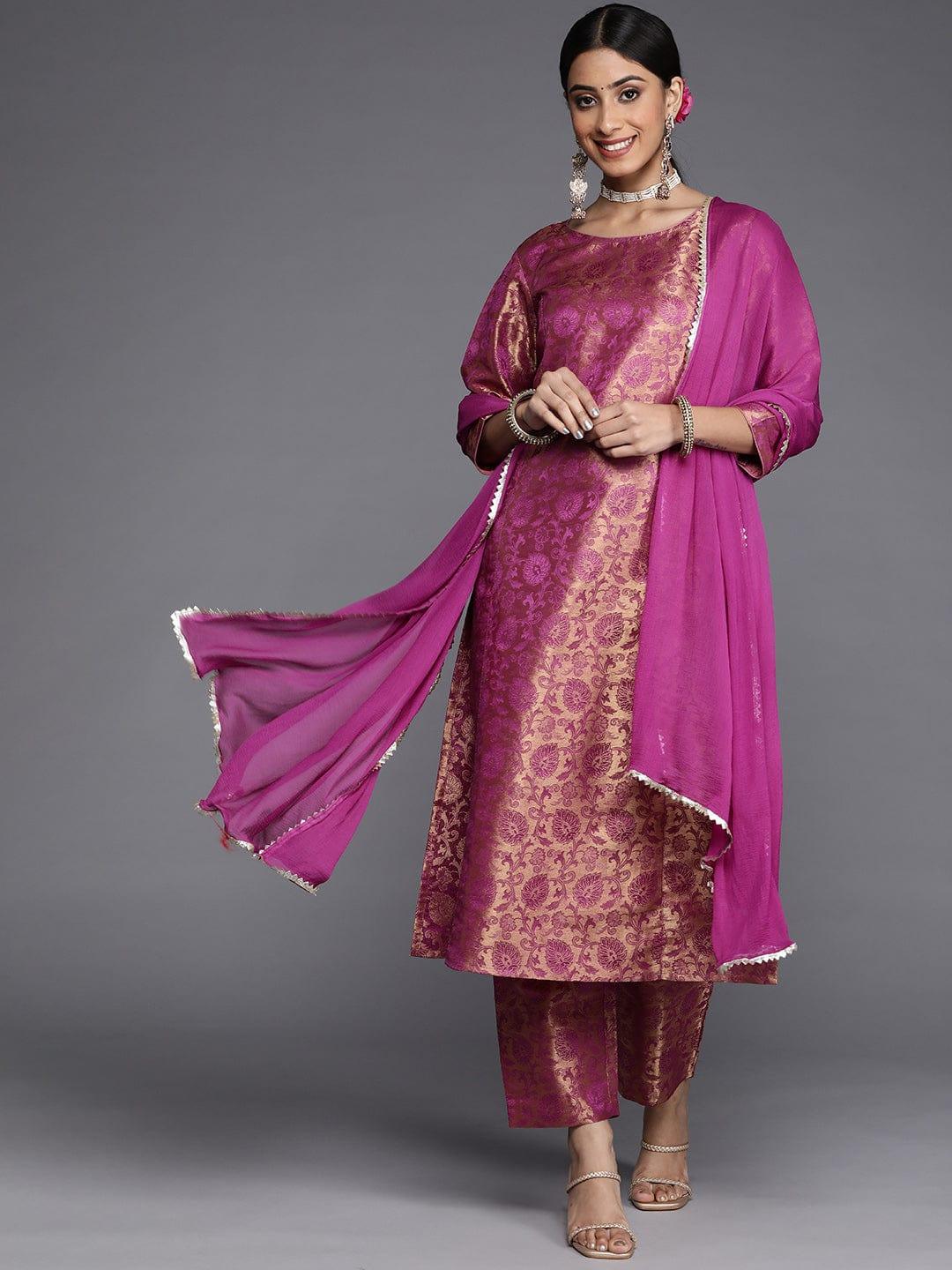 Varanga Women Magenta Ethnic Motifs Kurta with Trousers & With Dupatta - Indiakreations