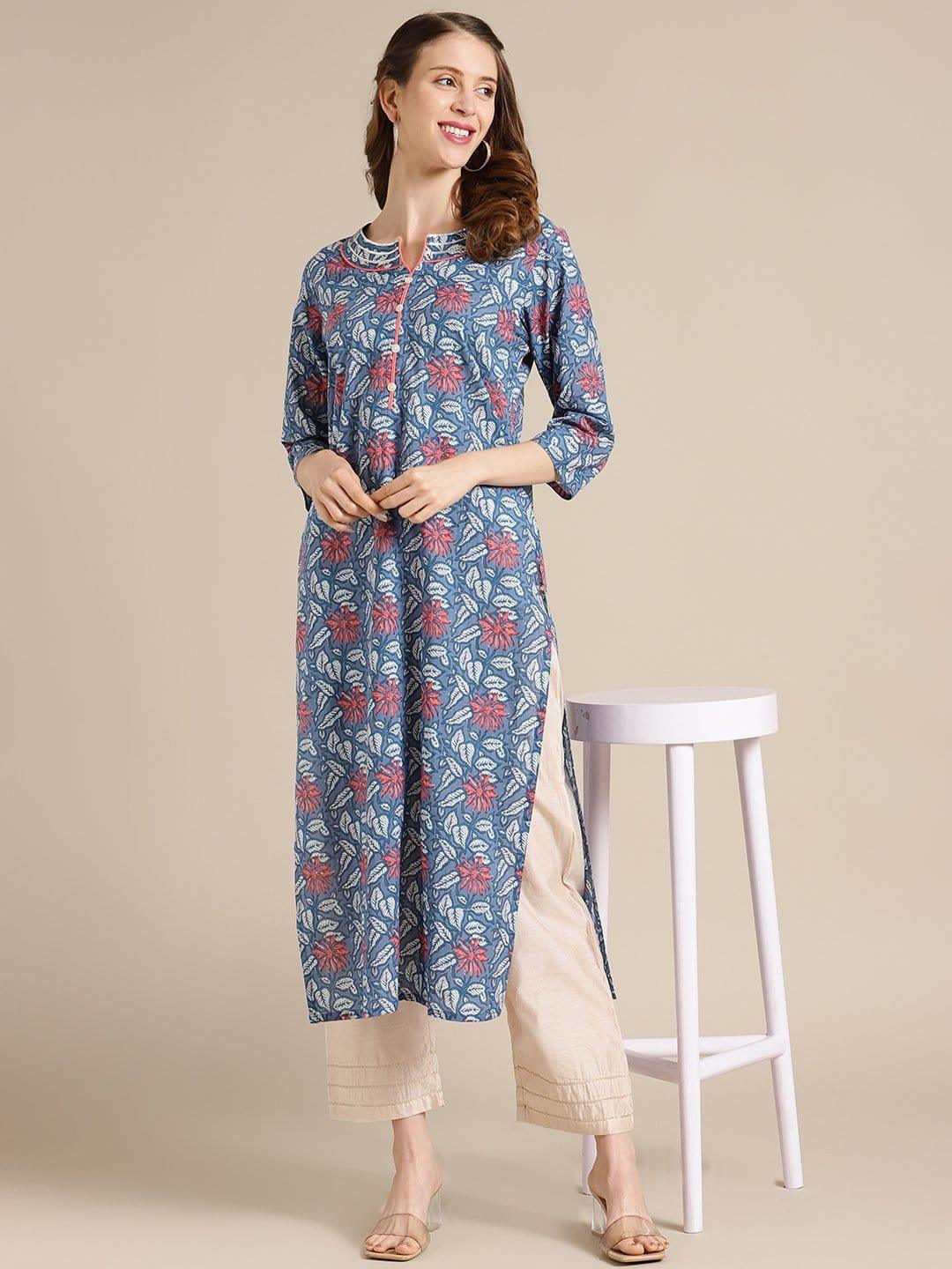 KSUT Blue And Pink Floral Printed Kurta With 3/4Th Sleeves - Indiakreations