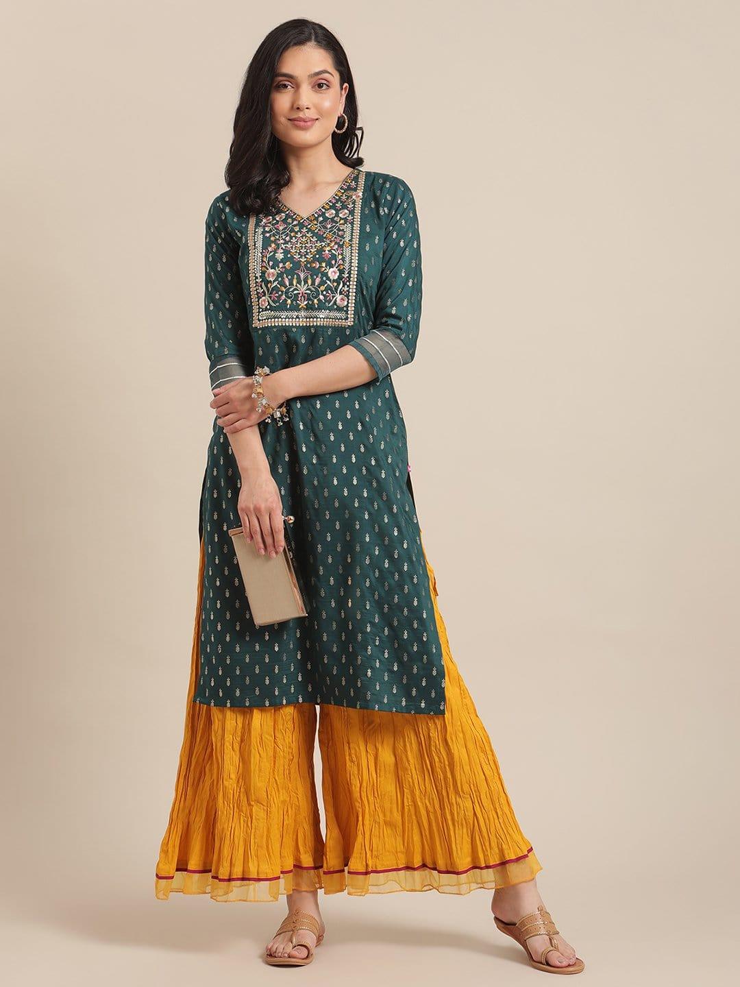 Teal And Gold Foil Printed And Floral Embroidery Kurta With Organza Gota Embellished Sleeves - Indiakreations