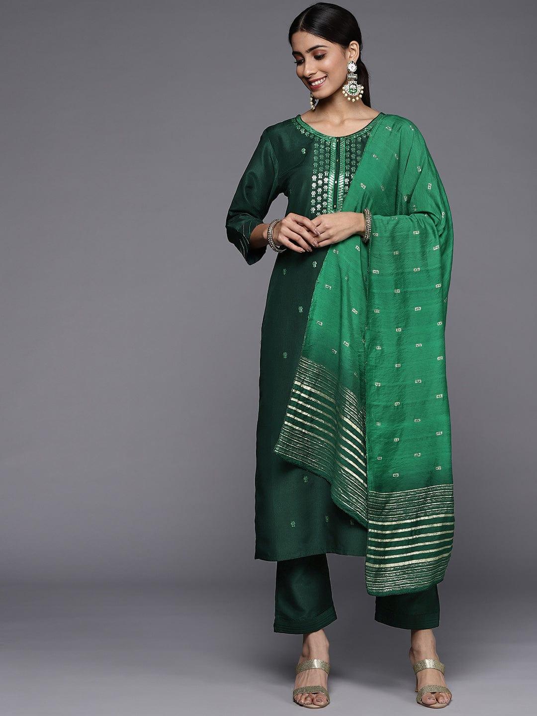 Varanga Women Green Ethnic Motifs Embroidered Kurta with Trousers & Dupatta - Indiakreations