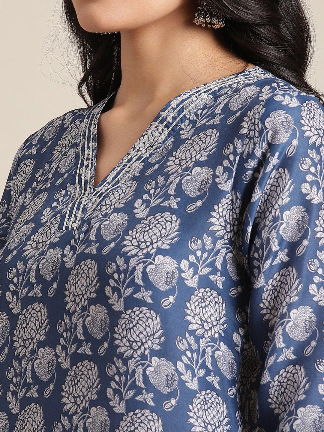 Blue Silk Floral Printed Kurta With Gota Work On Yoke And 3/4 Sleeves - Indiakreations