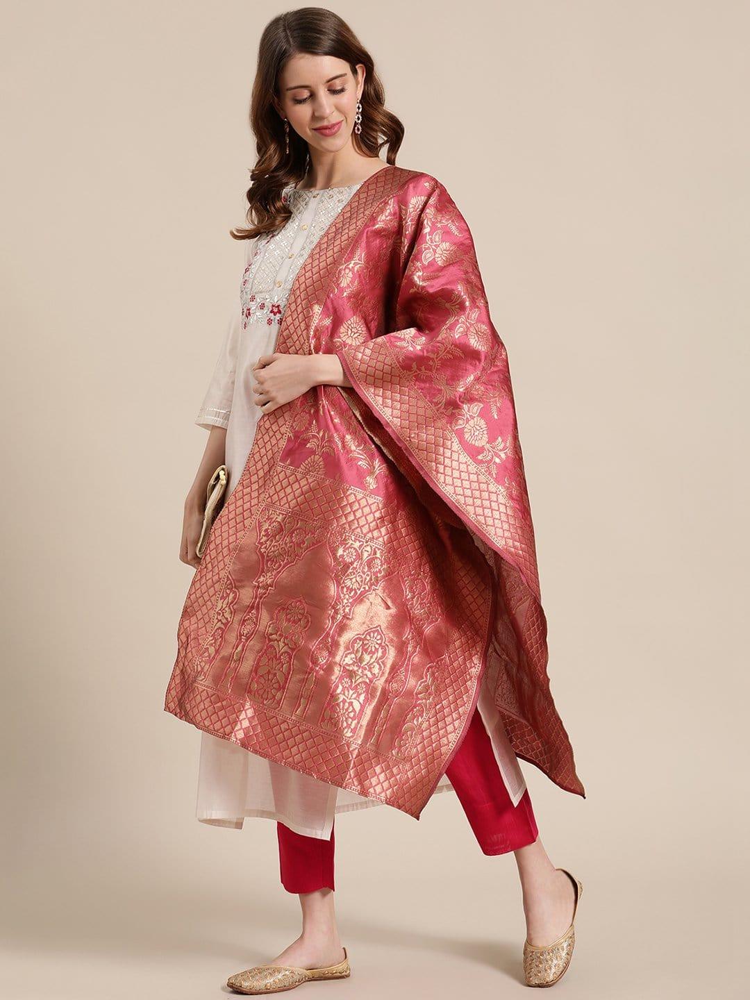 Off White And Pink Floral Embroidery Yoke With Pink Silk Trouser And Banarasi Dupatta - Indiakreations