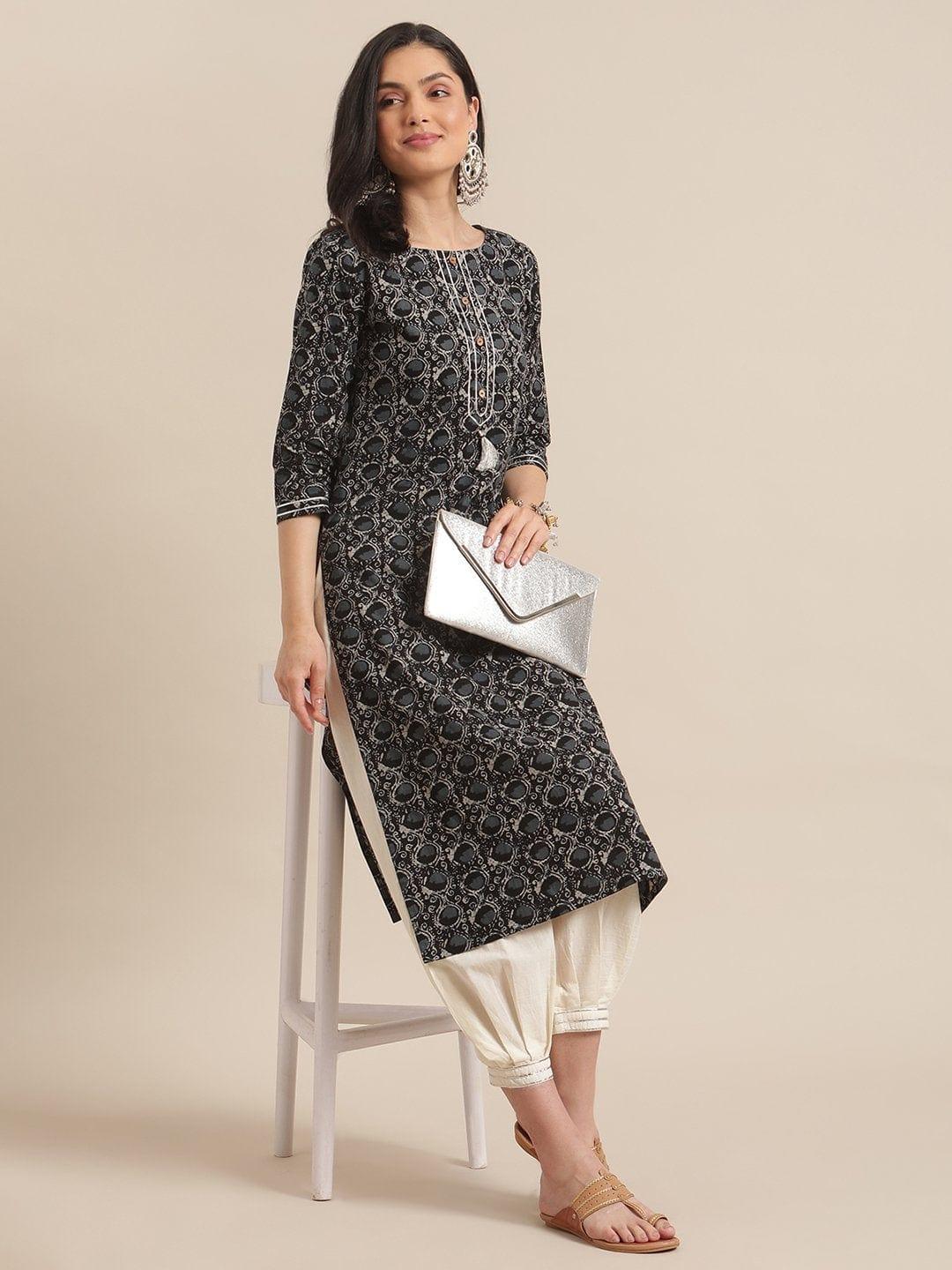 Black And Beige Abstract Printed Kurta With Gota Embellishment On Yoke - Indiakreations