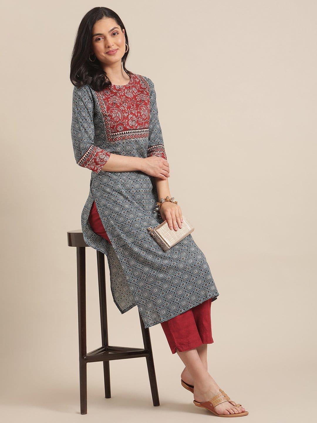 Blue And Maroon Printed Round Neck Straight Kurta With Contrast Printed Yoke And 3/4Th Regular Sleeves - Indiakreations