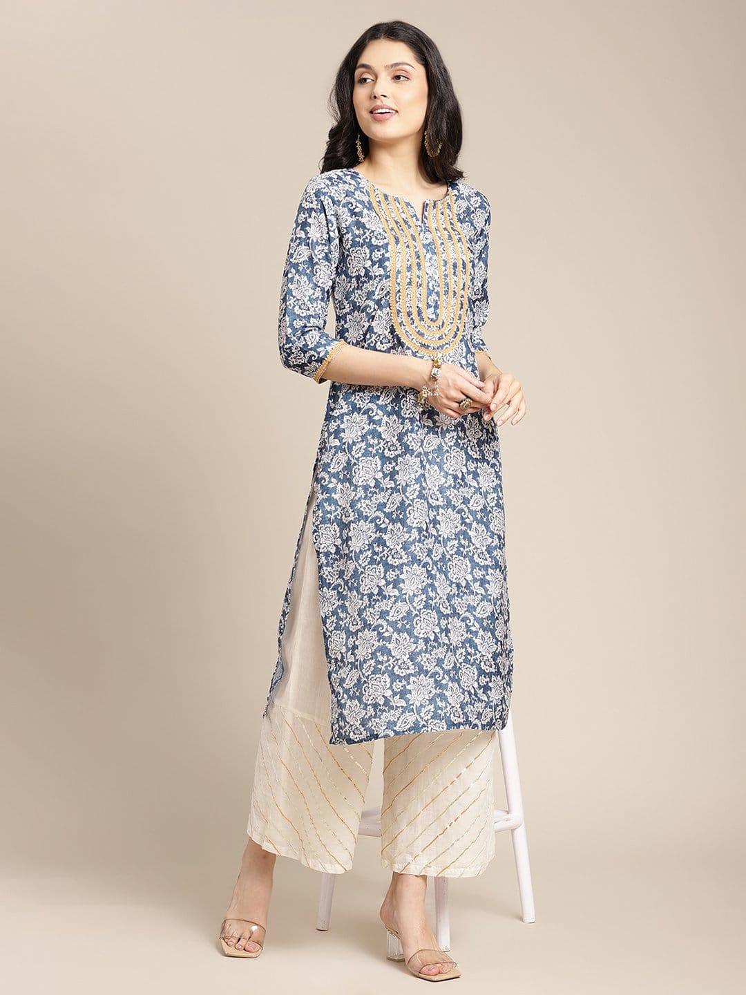 Blue And Off White Floral Printed Kurta With Lace Embellishment On Yoke - Indiakreations