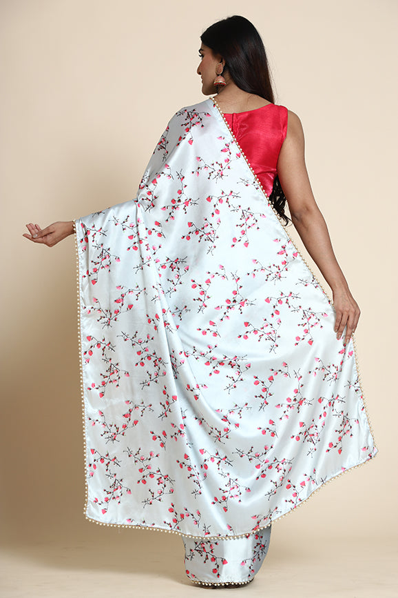 Women's Grey Color Floral Printed Saree - AVANSHEE