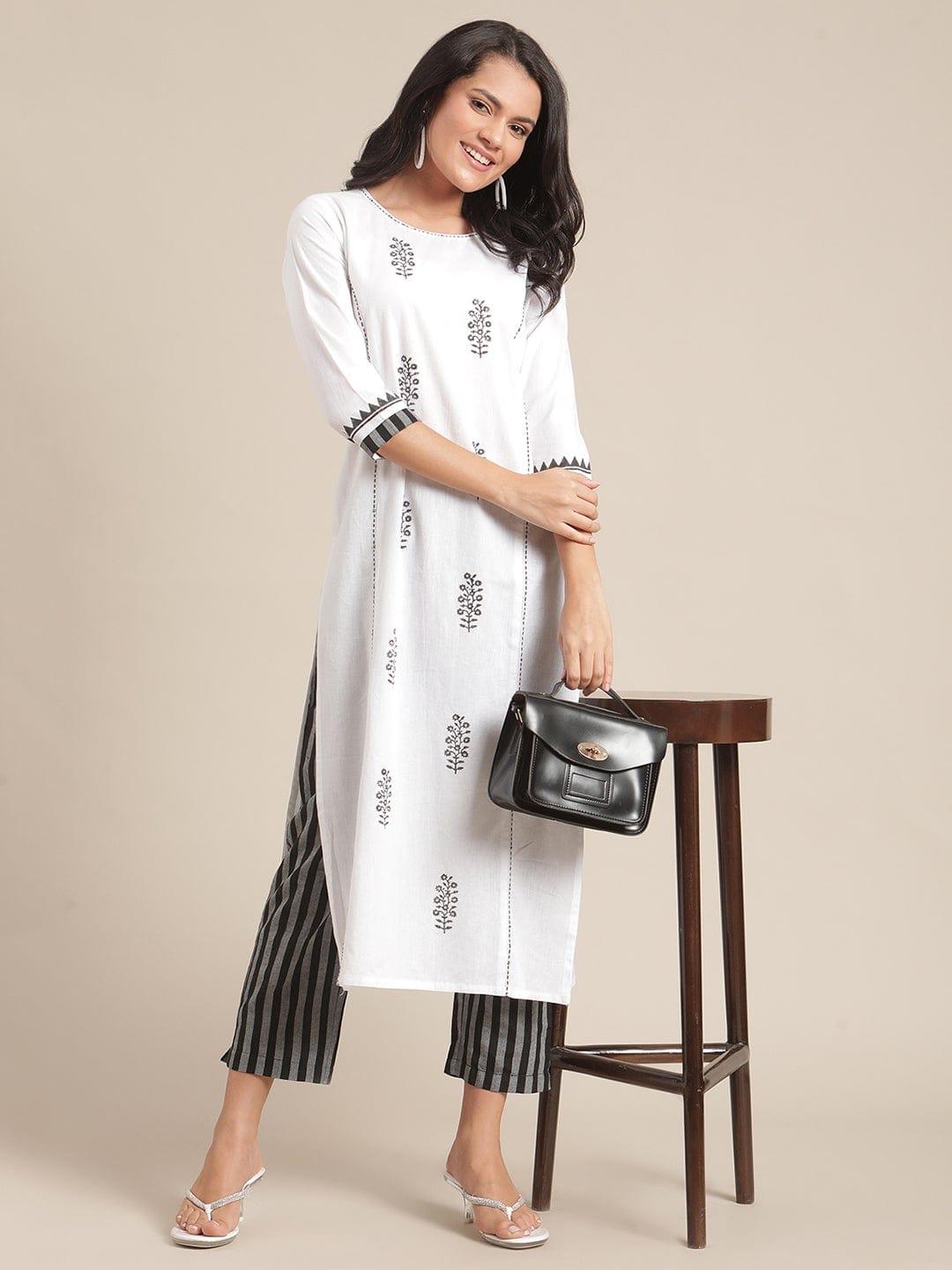 KSUT White & Black Ethnic Motifs Block Printed & Kantha Work Kurta with Trousers - Indiakreations