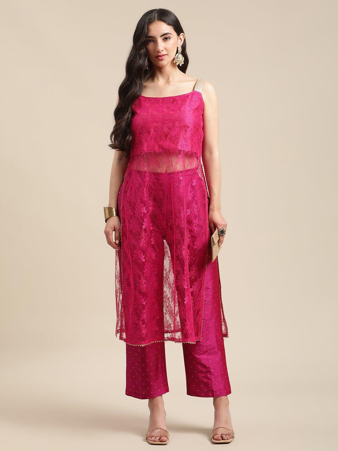 Magenta Sweatheart Neckline Shape Net Strap Straight Kurta With Flared Sharara - Indiakreations