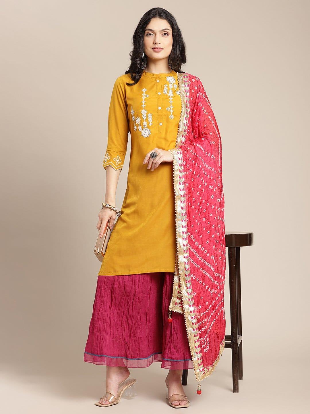 Mustard Dori Embroidery Kurta With Pink Flared Palazzo And Bandhej Tye & Dye Dupatta - Indiakreations