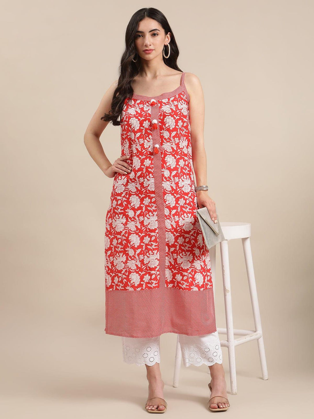 Orange And White Floral Printed Straight Kurta With Pom Pom Embellishment - Indiakreations