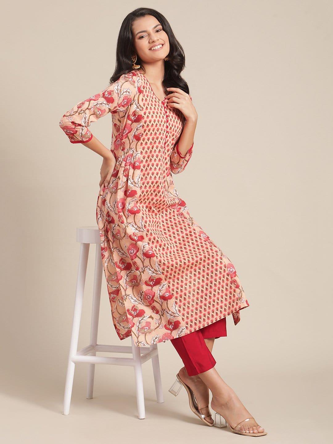 Varanga Peach And Red Floral Printed Kurta With V Neckilne And Regular Sleeves - Indiakreations