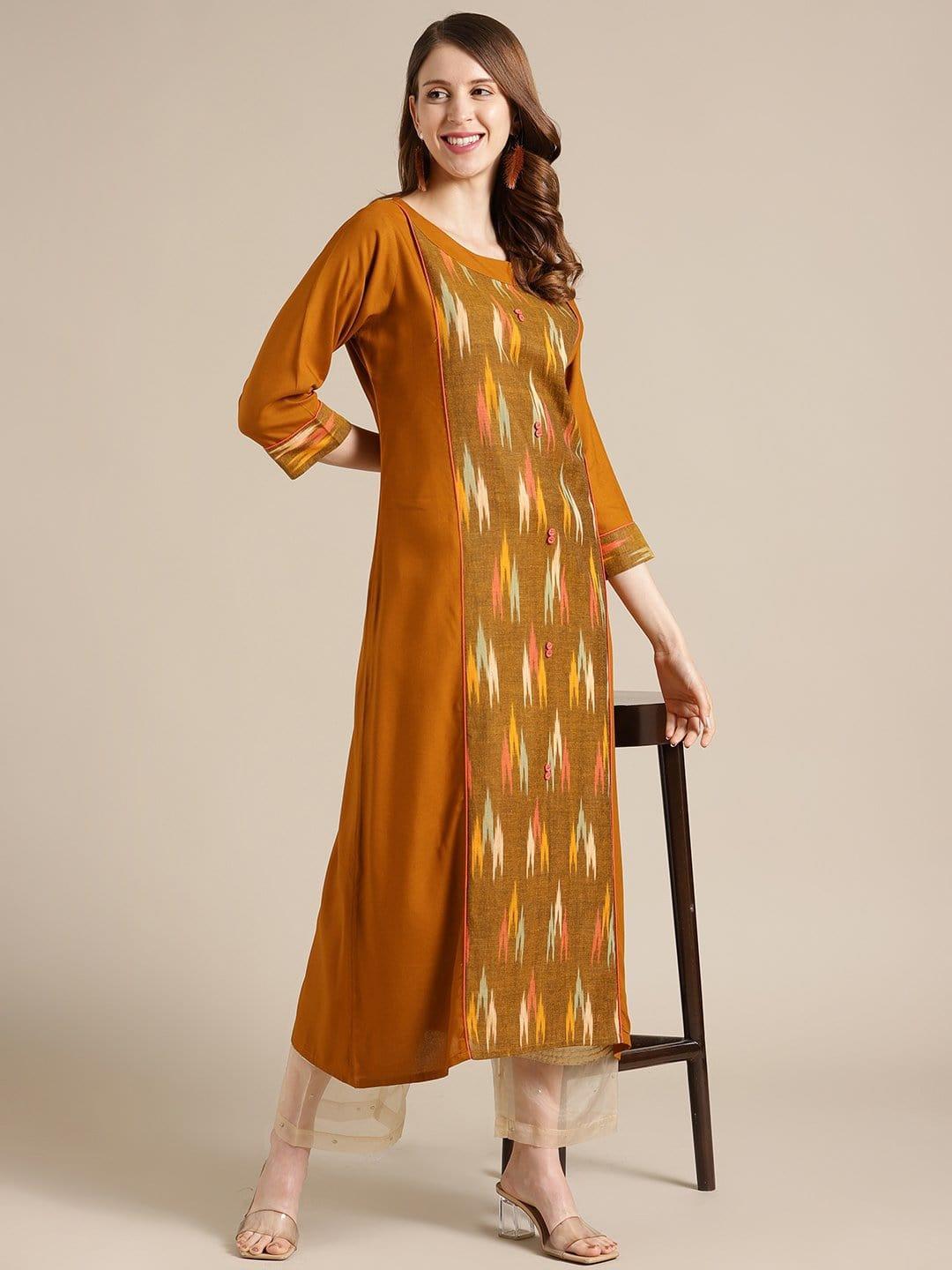 KSUT Mustard And Multi Color Ikat Woven Kurta With 3/4Th Sleeves - Indiakreations