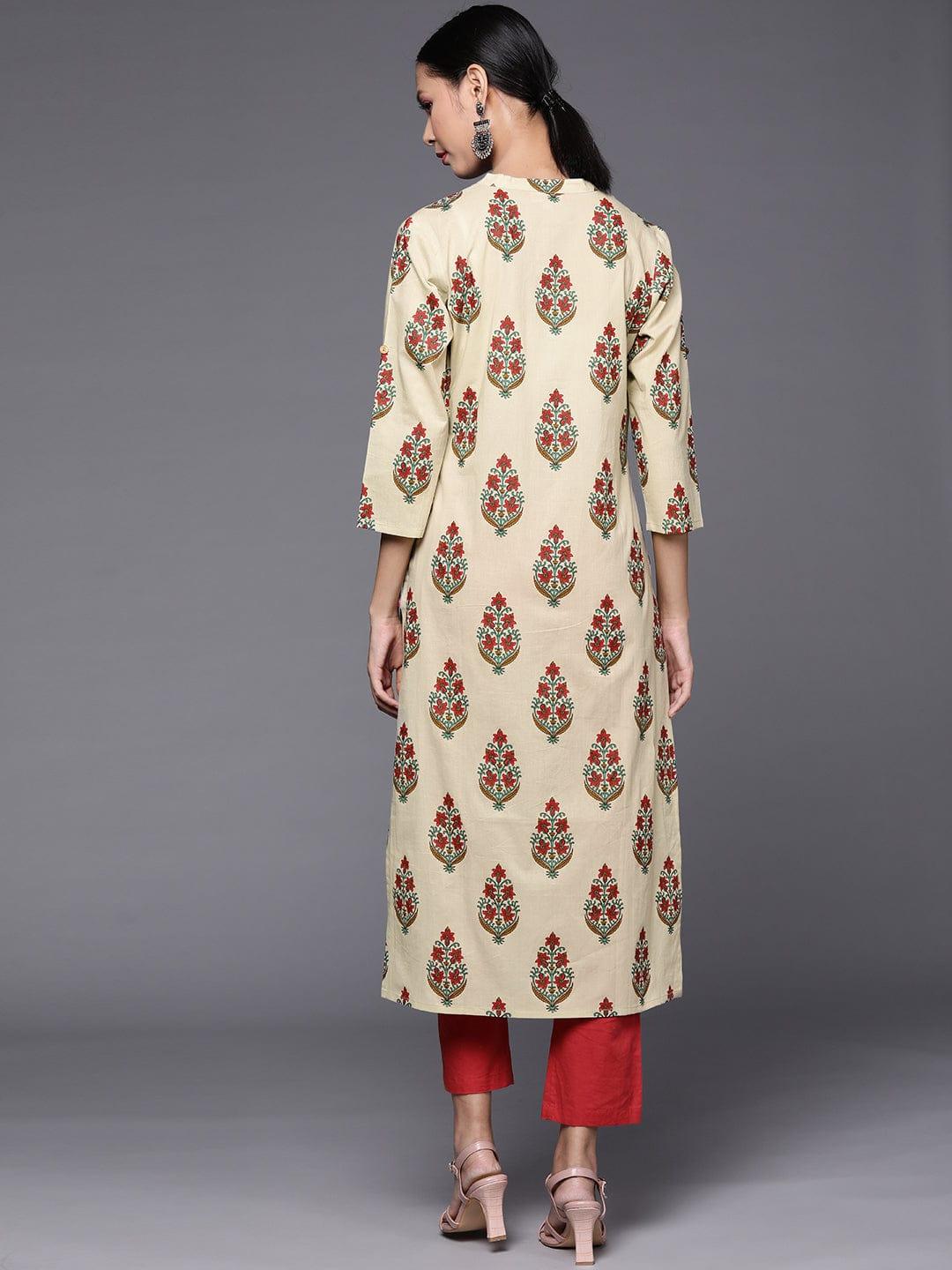 Varanga Women Beige & Red Ethnic Motifs Printed Pure Cotton Kurta - Indiakreations