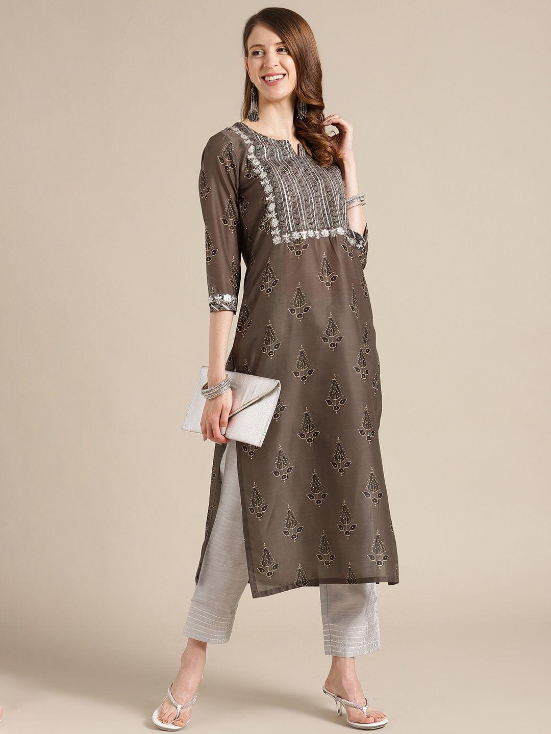 Olive Printed Kurta With Gota Embellishment On Yoke - Indiakreations