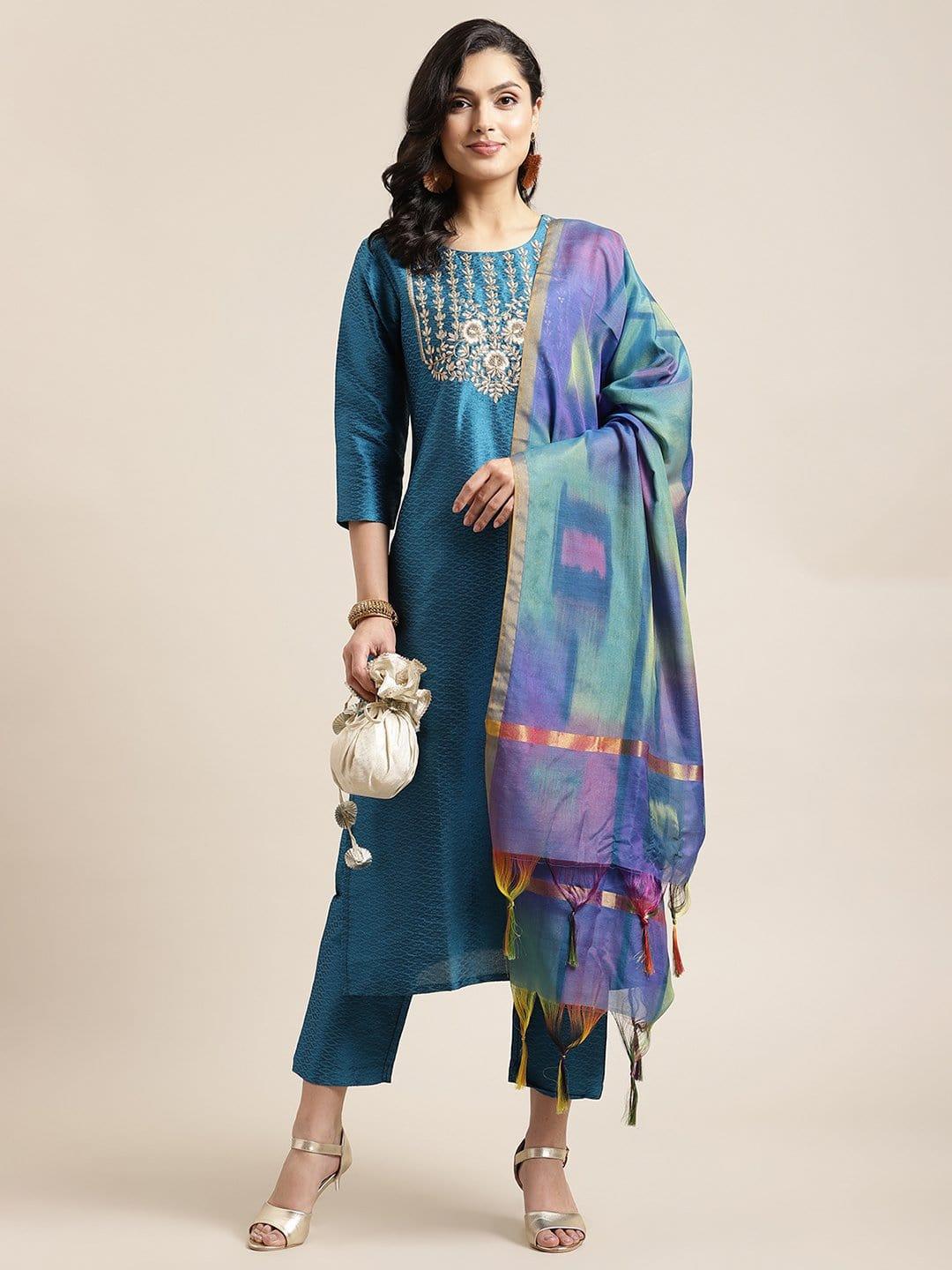 Teal Zari Embroidery Kurta Trouser Set With Silk Woven Dupatta - Indiakreations