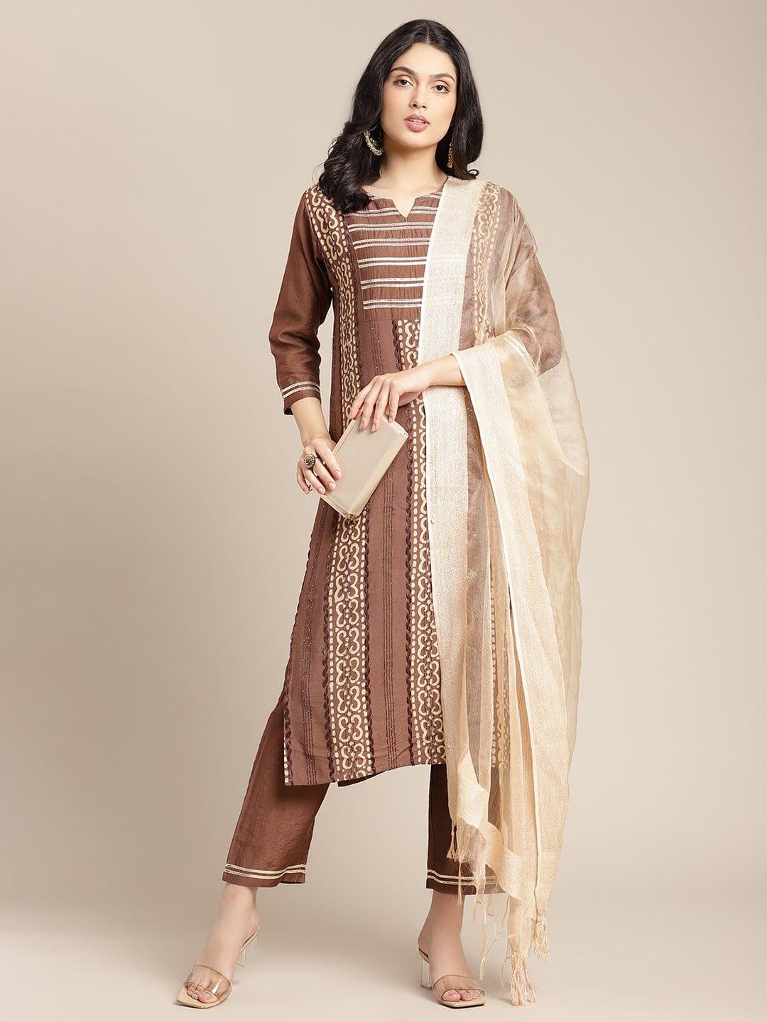 Batik Printed Brown And Beige Kurta With Yoke Highlighted And Paired With Straight Pant And Dupatta - Indiakreations